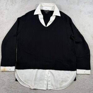 Tahari Sweater Womens Large Black 100% Cashmere Tunic Faux Layered V-Neck Collar